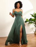 Robe de demoiselle d'honneur en mousseline longue, dos dentelé et froncé, Eucalyptus