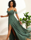 Robe de demoiselle d'honneur en mousseline longue, dos dentelé et froncé, Eucalyptus