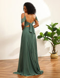Robe de demoiselle d'honneur en mousseline longue, dos dentelé et froncé, Eucalyptus
