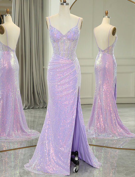 Robe longue de bal de fin d'année en sirène pourpre scintillante