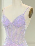 Robe longue de bal de fin d'année en sirène pourpre scintillante