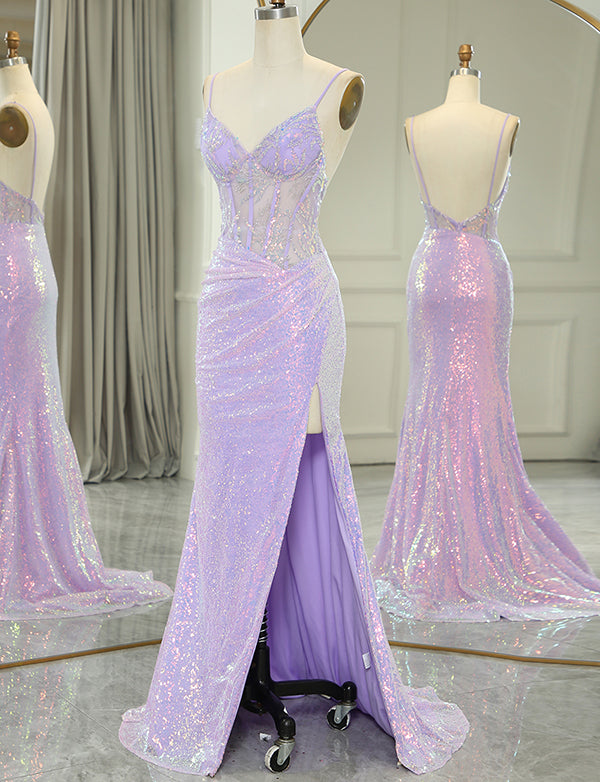 Robe longue de bal de fin d'année en sirène pourpre scintillante