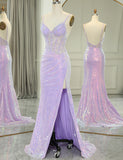 Robe longue de bal de fin d'année en sirène pourpre scintillante
