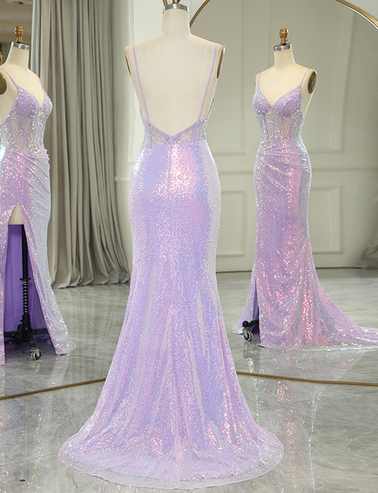 Robe longue de bal de fin d'année en sirène pourpre scintillante