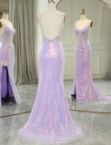 Robe longue de bal de fin d'année en sirène pourpre scintillante
