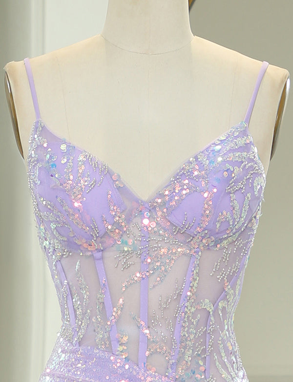 Robe longue de bal de fin d'année en sirène pourpre scintillante