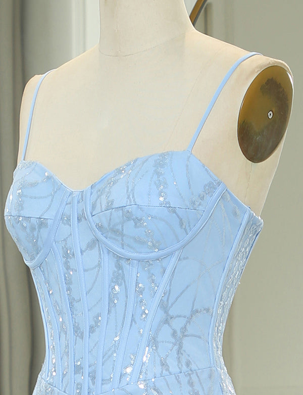 Robe longue de bal de fin d'année en sirène bleu clair avec appliques pailletées