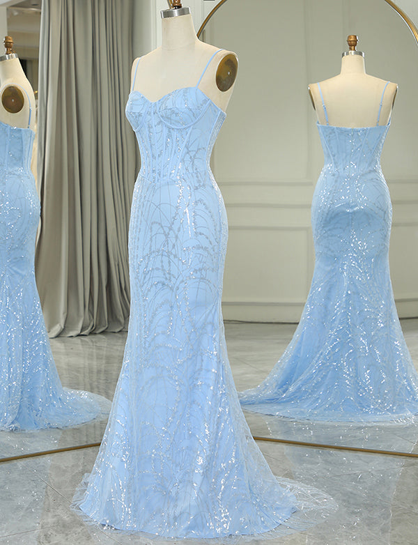 Robe longue de bal de fin d'année en sirène bleu clair avec appliques pailletées