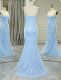 Robe longue de bal de fin d'année en sirène bleu clair avec appliques pailletées