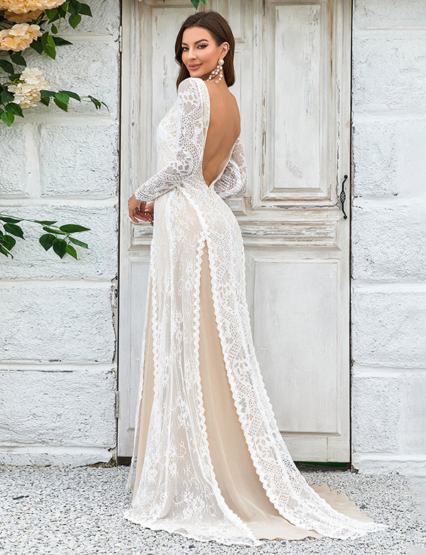 Robe de mariée à manches longues et traîne en dentelle