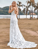 Charmante robe de mariée sirène à bretelles spaghetti en dentelle ivoire avec traîne en flèche
