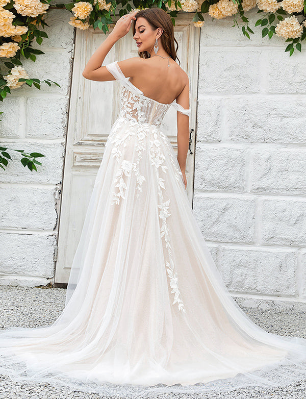 Robe de mariée en tulle champagne détachable avec dentelle