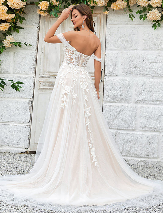 Robe de mariée en tulle champagne détachable avec dentelle