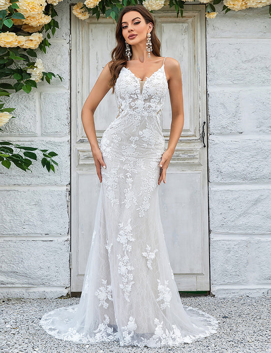 Robe de mariée longue en dentelle sirène ivoire