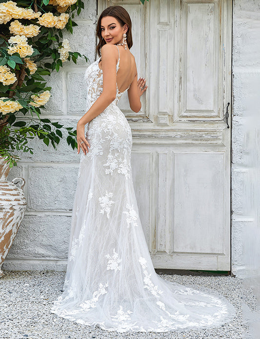 Robe de mariée longue en dentelle sirène ivoire
