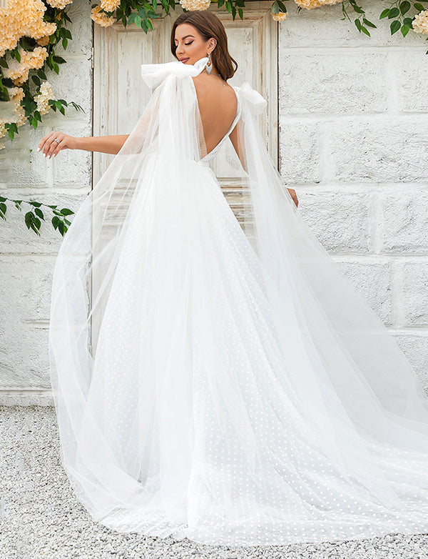 Robe de mariée en tulle avec traîne Watteau détachable