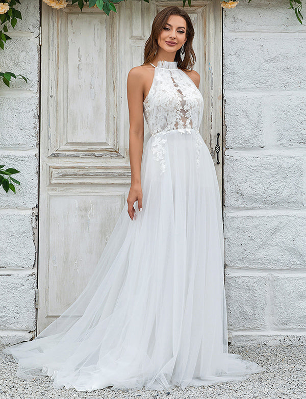 Robe de mariée à traîne en tulle et dentelle, dos ouvert, ivoire