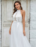 Robe de mariée à traîne en tulle et dentelle, dos ouvert, ivoire