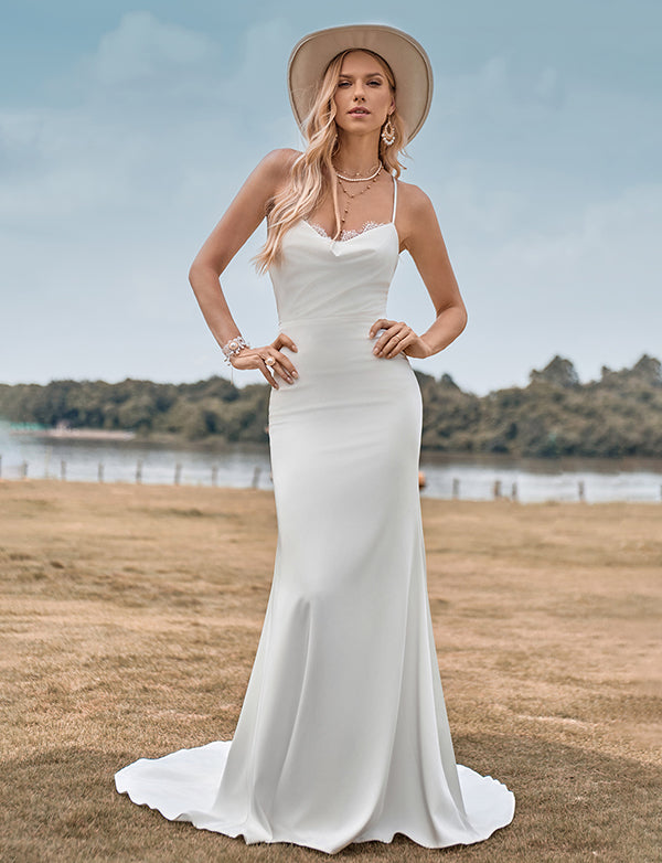 Robe de mariée blanche à bretelles spaghetti simples et dos croisé