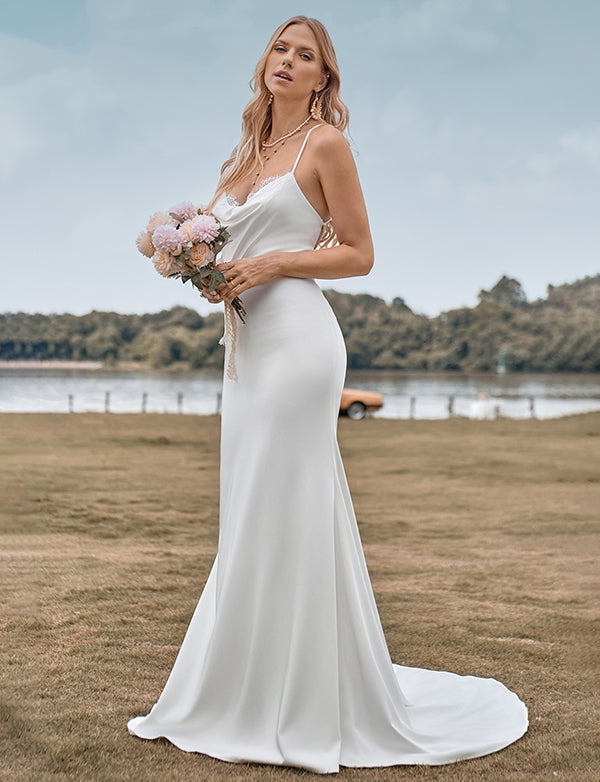 Robe de mariée blanche à bretelles spaghetti simples et dos croisé