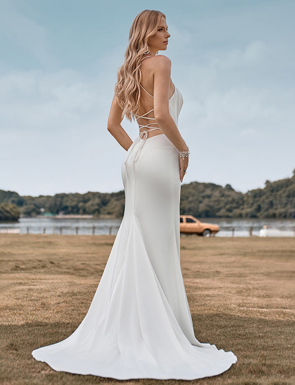 Robe de mariée blanche à bretelles spaghetti simples et dos croisé