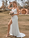 Robe de mariée sirène simple en satin boho ivoire avec fente
