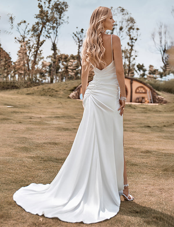 Robe de mariée sirène simple en satin boho ivoire avec fente