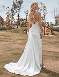 Robe de mariée sirène simple en satin boho ivoire avec fente