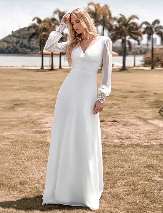 Robe de mariée Ivoire Boho Simple Fourreau Manches Longues avec Dentelle