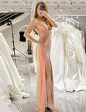 Robe de soirée de fin d'année sirène à fente Fard à joues étincelant