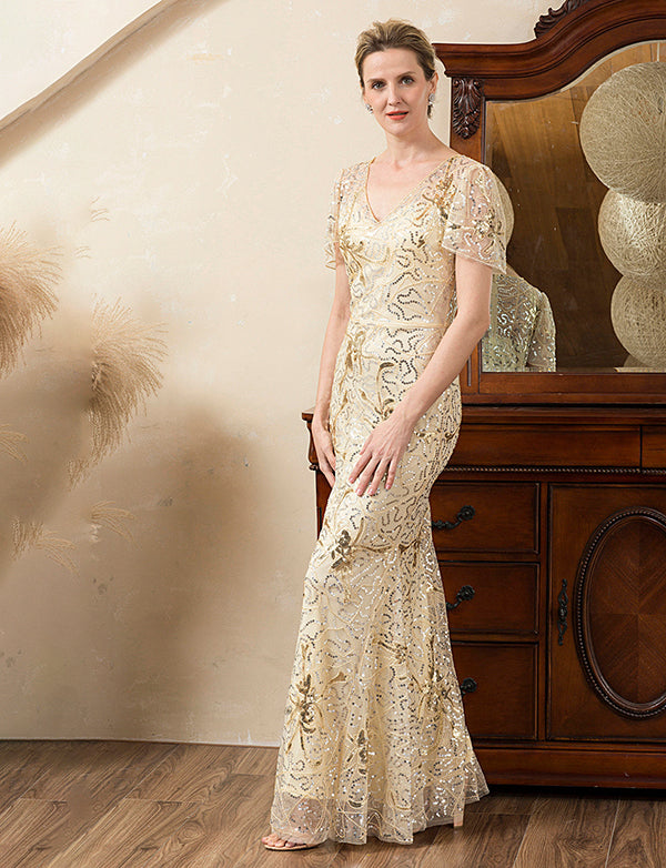 Robe de la mère de la mariée avec perles dorées et étincelantes