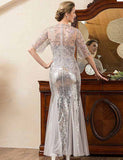 Robe de la mère de la mariée, sirène grise, perles et paillettes