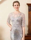Robe de la mère de la mariée, sirène grise, perles et paillettes
