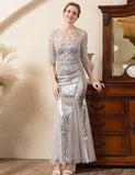 Robe de la mère de la mariée, sirène grise, perles et paillettes
