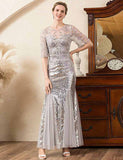 Robe de la mère de la mariée, sirène grise, perles et paillettes