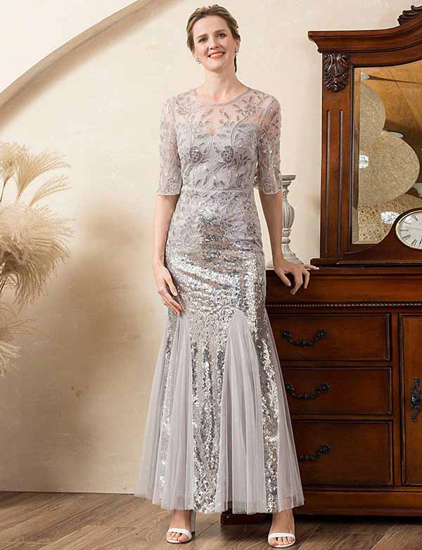 Robe de la mère de la mariée, sirène grise, perles et paillettes
