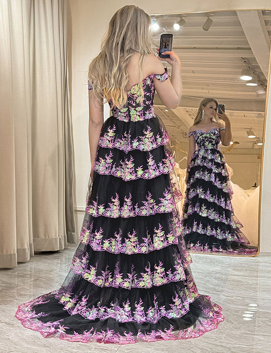 Robe longue de bal de fin d'année rose noir avec application