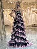 Robe longue de bal de fin d'année rose noir avec application