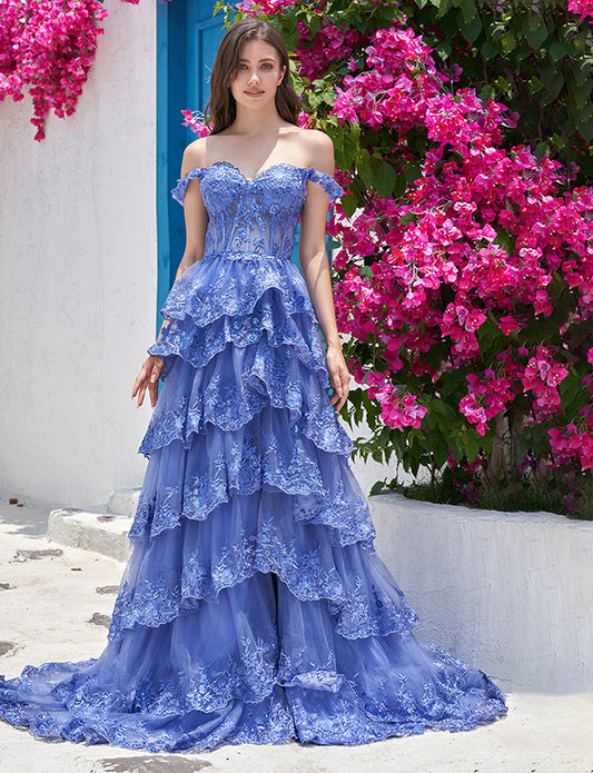Robe de soirée longue bleu foncé à épaules dénudées avec fente