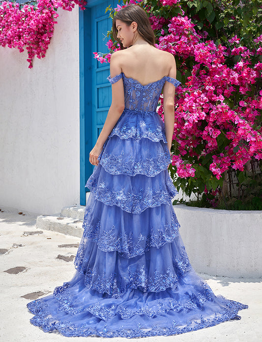 Robe de soirée longue bleu foncé à épaules dénudées avec fente