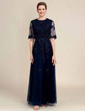 Robe de la mère de la mariée en dentelle perlée, étincelante, bleu marine