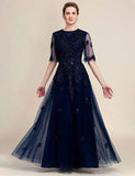 Robe de la mère de la mariée en dentelle perlée, étincelante, bleu marine