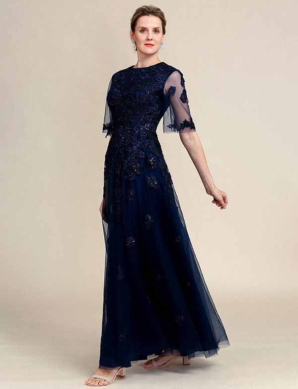 Robe de la mère de la mariée en dentelle perlée, étincelante, bleu marine