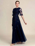 Robe de la mère de la mariée en dentelle perlée, étincelante, bleu marine