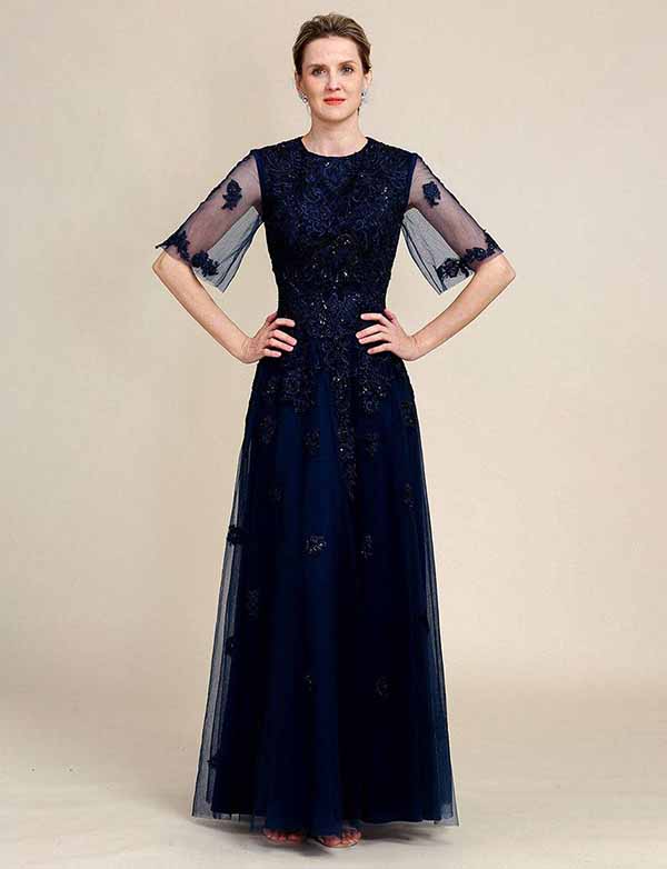 Robe de la mère de la mariée en dentelle perlée, étincelante, bleu marine