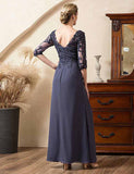 Robe de la mère de la mariée en mousseline de soie perlée gris-bleu étincelant