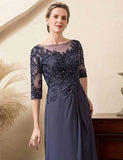 Robe de la mère de la mariée en mousseline de soie perlée gris-bleu étincelant