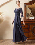 Robe de la mère de la mariée en mousseline de soie perlée gris-bleu étincelant