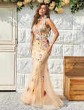 Robe longue de bal de fin d'année à col V profond en champagne avec applications