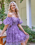 Robe de soirée mignonne imprimée à épaules dénudées